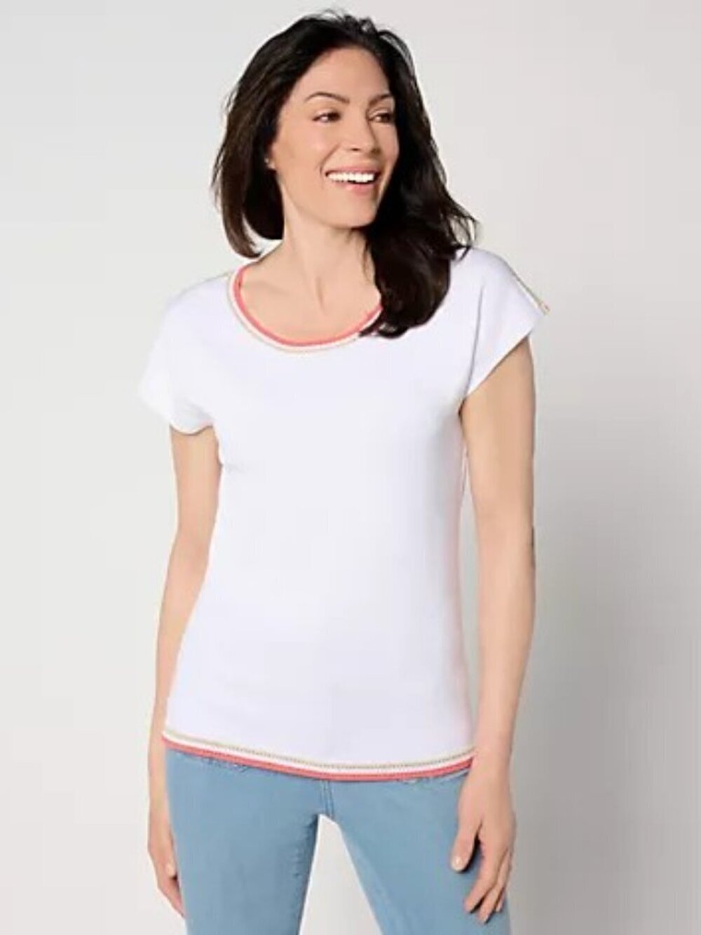Belle by Kim Gravel White Tee Crochet Trim Cotton Soft Casual Top Size M